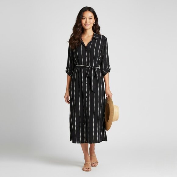 La Blanca Cover-Up Dress M Black White Striped Belted Resort Beach Midi NWOT - Picture 1 of 12